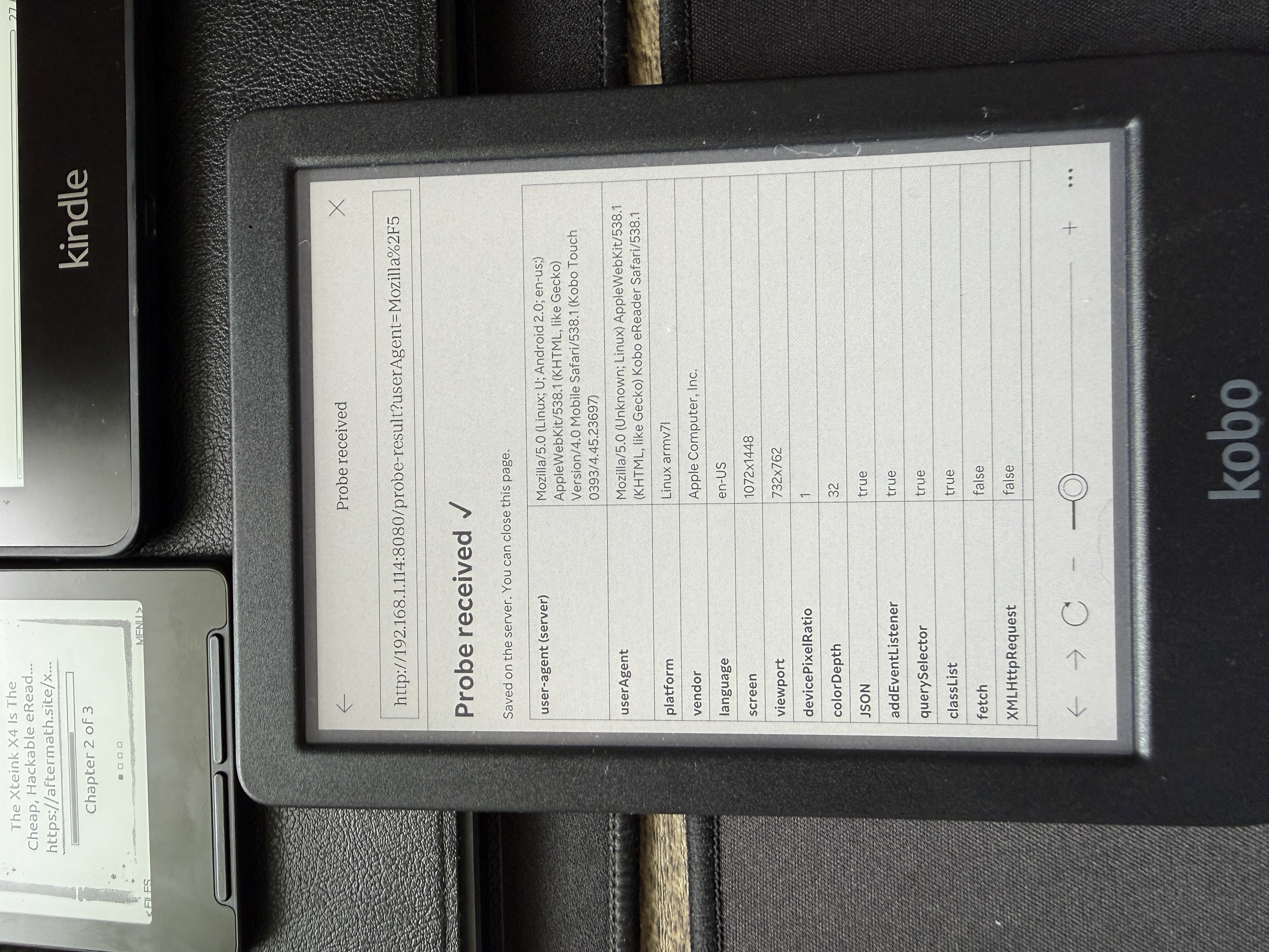 Probe results displayed on the Kobo — browser capabilities reported back from the device itself